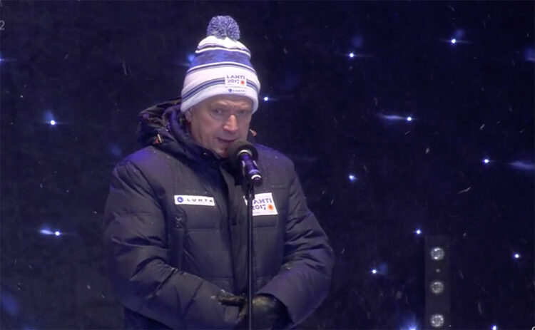  Presidentti Niinistö esitti tervehdyksensä Lahden MM-hiihtojen avajaisissa 22. helmikuuta. Kuva: Yle webstream