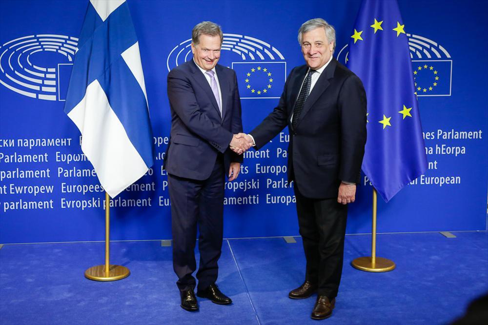 President Niinistö och Europaparlamentets talman Antonio Tajani. Foto: Daina Le Lardic/Europaparlament