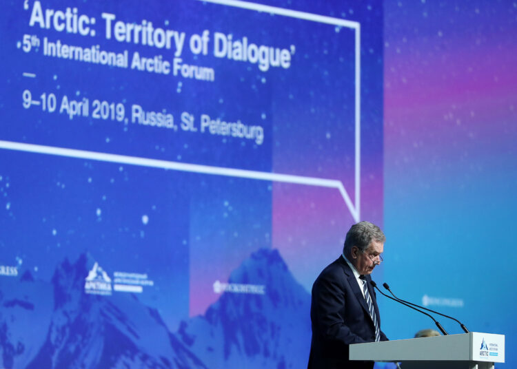 Presidentti Niinistö piti puheenvuoron arktisen foorumin pääistunnossa. Kuva: Valery Sharifulin/TASS Host Photo Agency