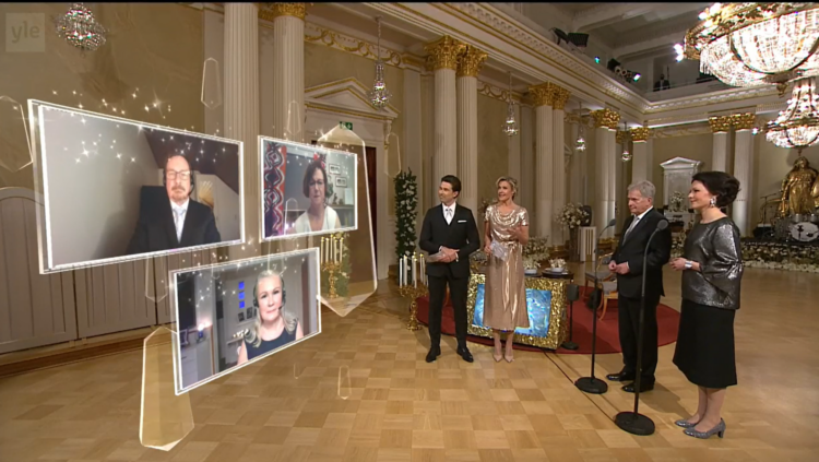 Teacher of the Year Minna Vuori, Bus Driver of the Year Frank Ahrenberg and Cleaning Industry Supervisor of the Year Minna Junni told the presidential couple about their work during the COVID pandemic. Screenshot of the Yle broadcast.