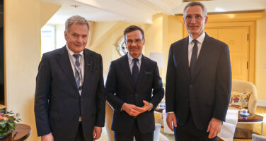President Niinistö met with Prime Minister of Sweden Ulf Kristersson and NATO Secretary General Jens Stoltenberg. Photo: Riikka Hietajärvi/Office of the President of the Republic of Finland