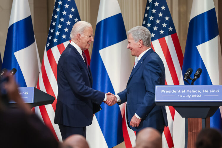 Joint press conference of President of Finland Sauli Niinistö and President of the U.S. Joe Biden at the State Hall of the Presidential Palace in Helsinki on 13 July 2023. Photo: Juhani Kandell /Office of the President of the Republic of Finland