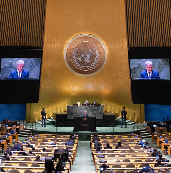 Presidentti Niinistö puhui YK:n yleiskokouksessa 20. syyskuuta 2023. Kuva: Agaton Strom/Suomen pysyvä edustusto YK:ssa