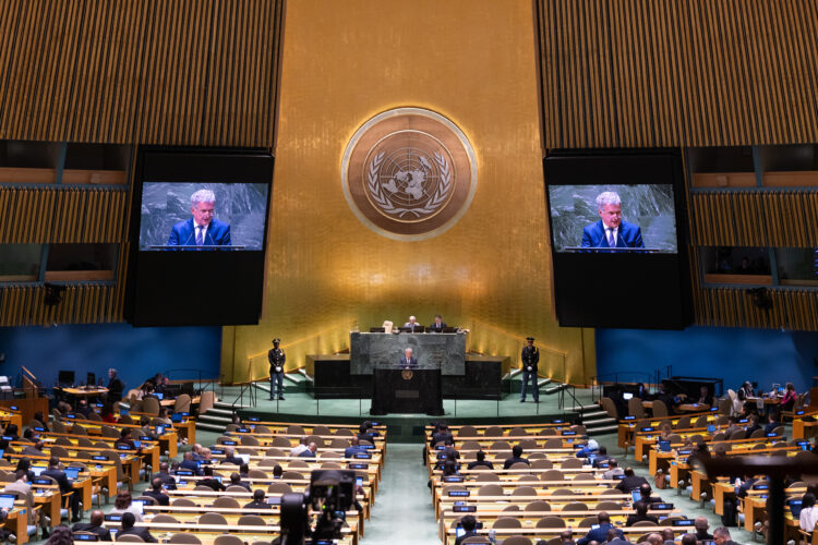 President Niinistö talade i FN:s generalförsamling den 20 september 2023. Foto: Agaton Strom/Finlands ständiga representation vid FN